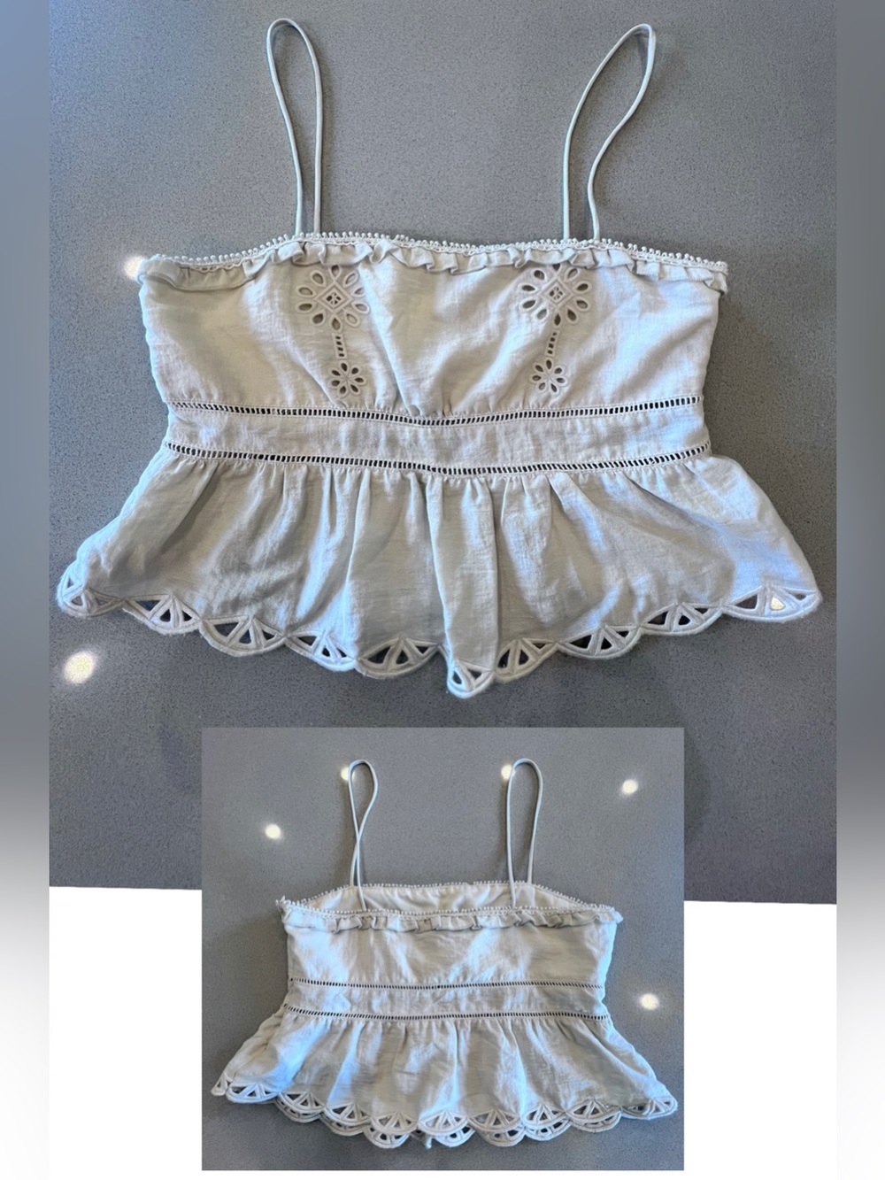 Zara NWOT Cream Peplum Cami Top Delicate Eyelet Cutwork Scalloped Hem & Ruffle M